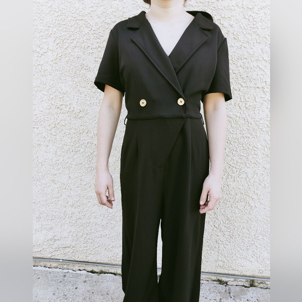 VTG Y2K Double Breasted Blazer Wide Leg Short Sleeve High Waist Jumpsuit, Sz 12